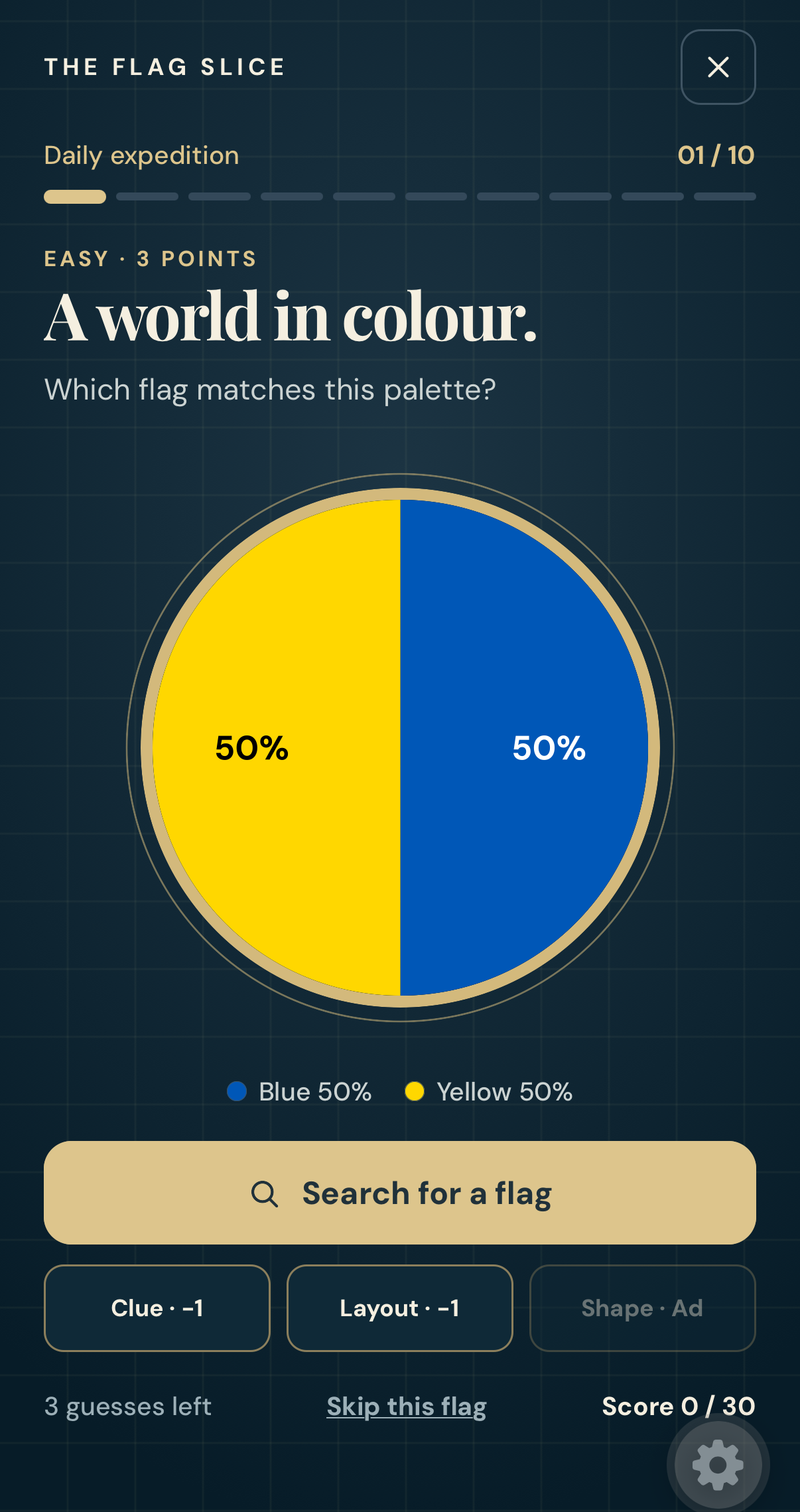 Flag Slice puzzle showing a colour pie with printed percentages and a searchable answer button