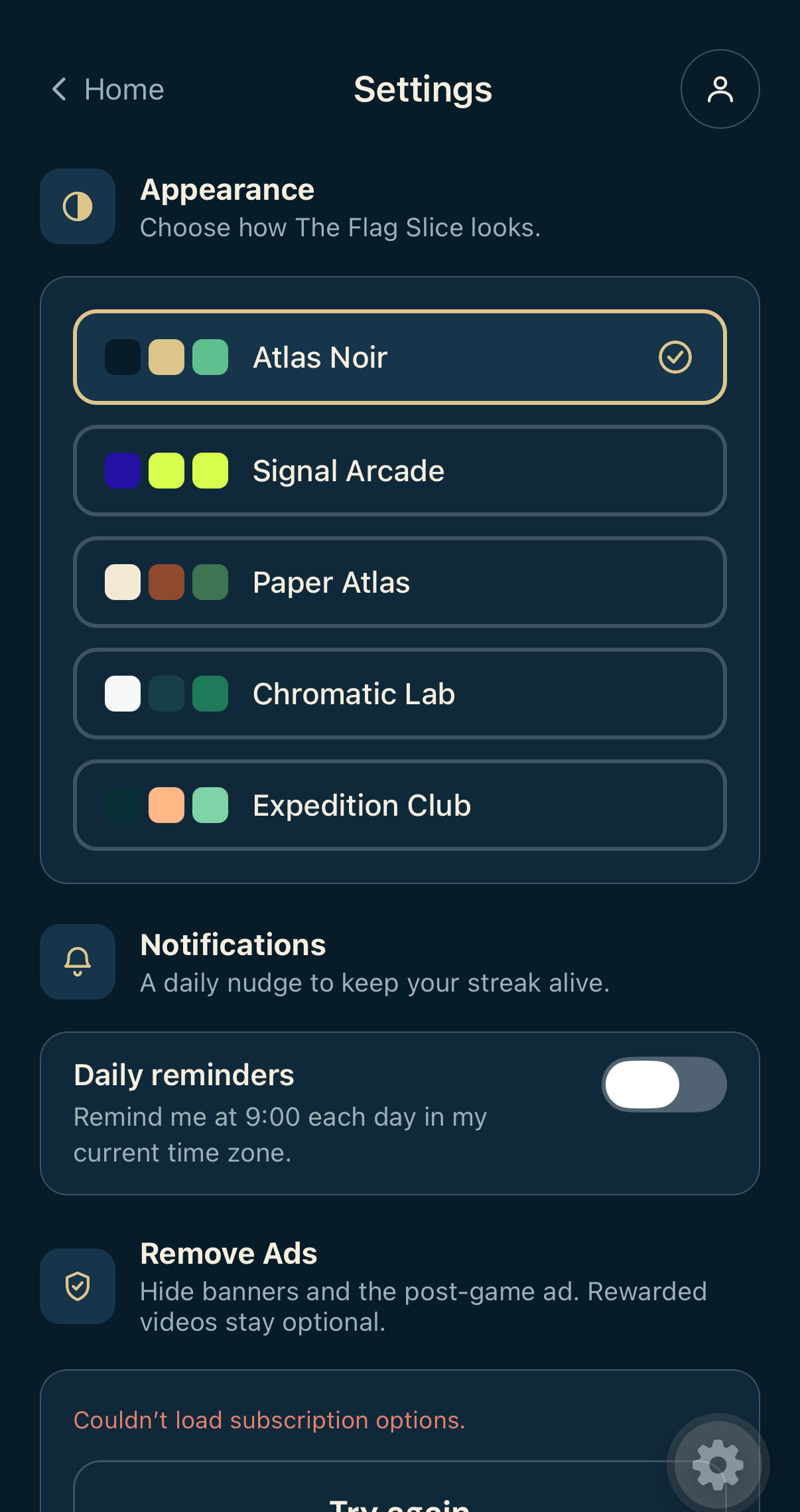 Flag Slice settings showing five selectable visual themes