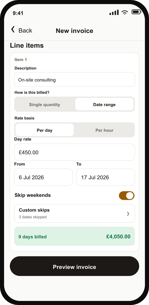 Invoice Genie date-range line item billed per day, with automatic weekend skipping and excluded dates
