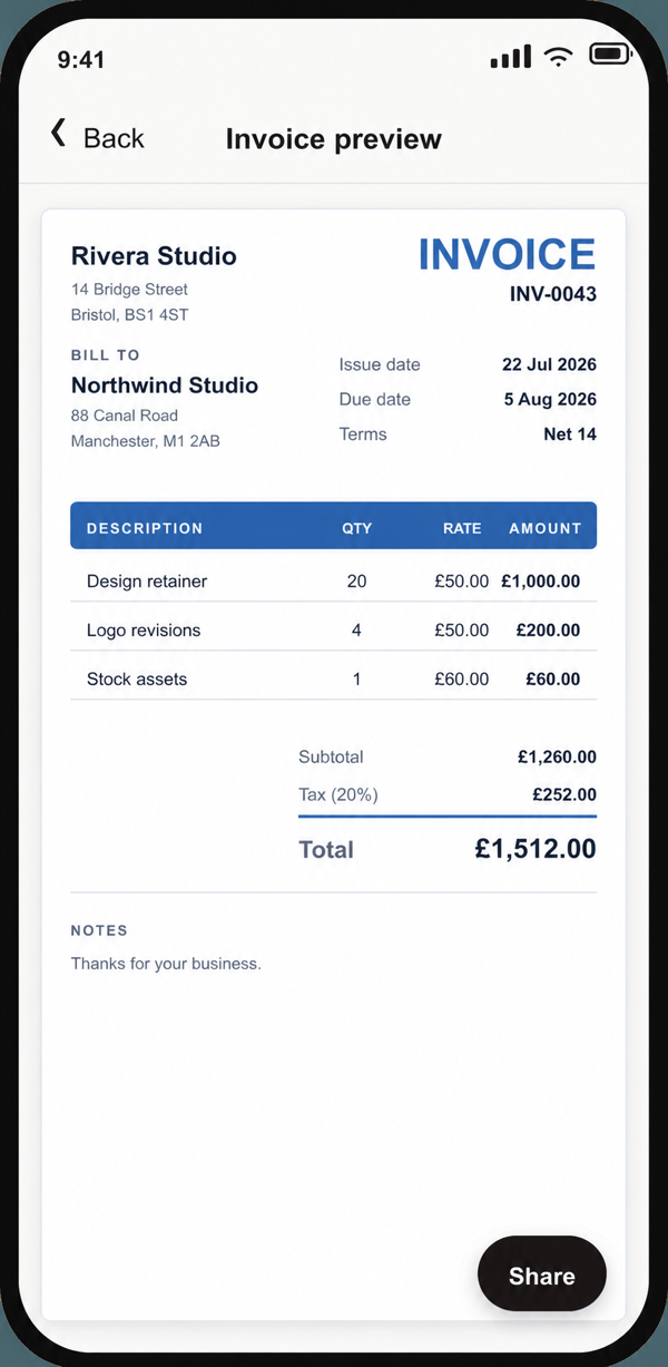 Invoice Genie professional PDF invoice preview with itemised charges, tax, notes, and a native Share action