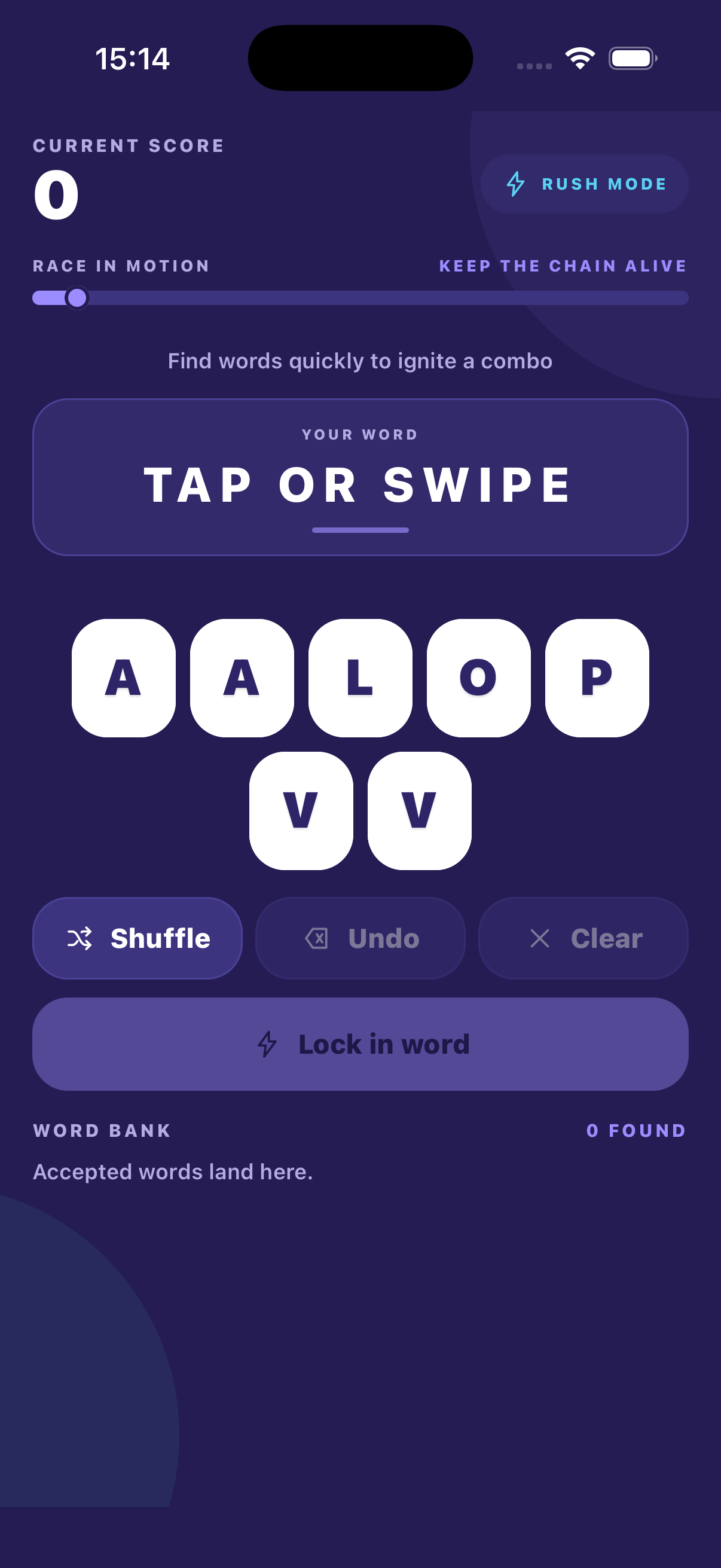 Letterbolt gameplay with the race progress bar, letter rack, score, and word bank
