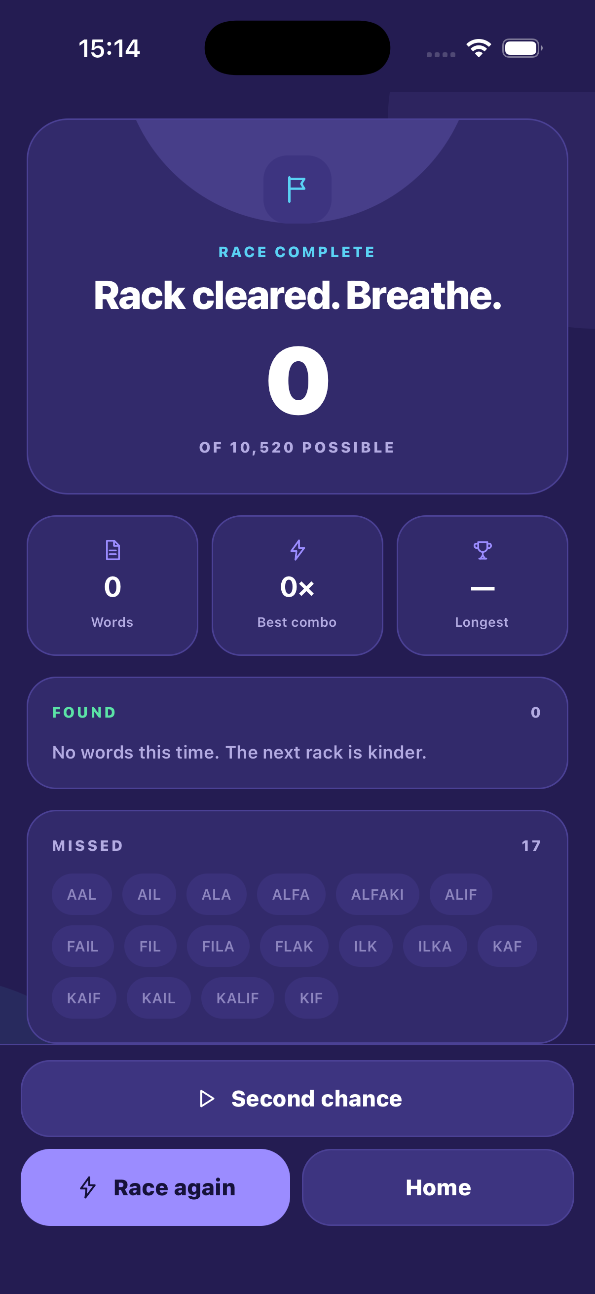 Letterbolt results screen showing a new personal best, found words, and missed words